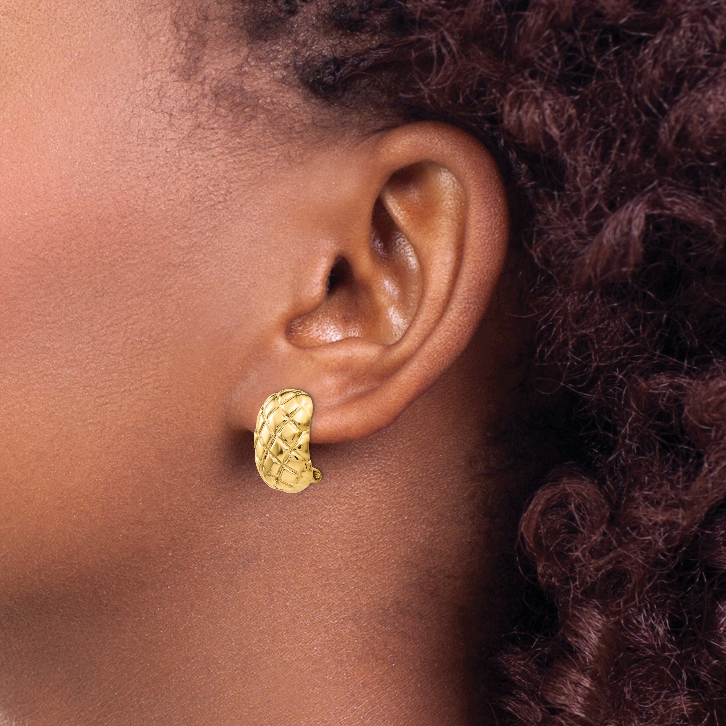 14K Yellow Gold Polished Quilted Non Pierced Omega Back Earrings
