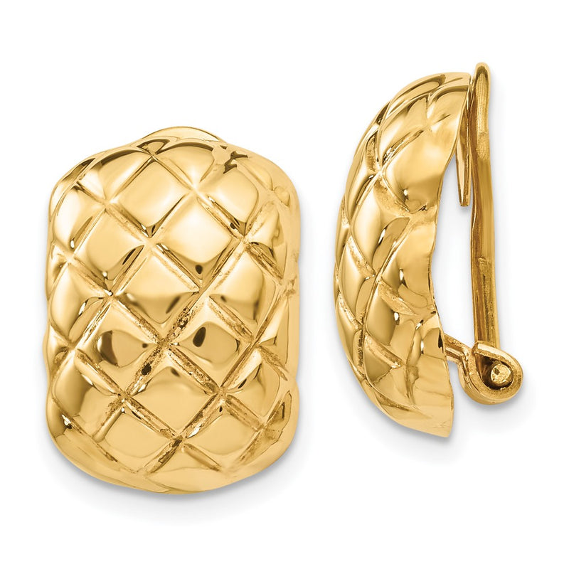 14K Yellow Gold Polished Quilted Non Pierced Omega Back Earrings
