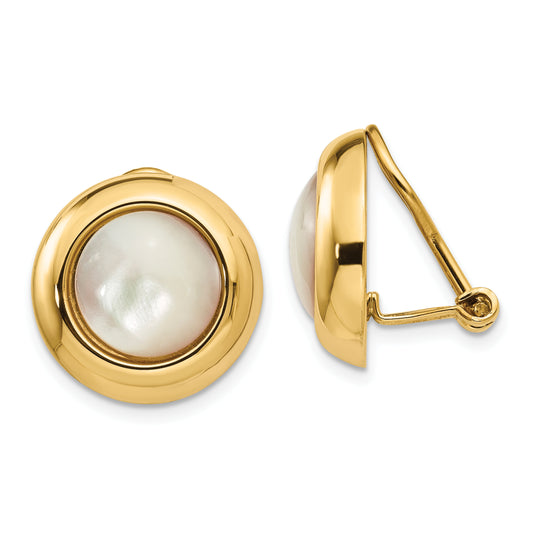 14K Yellow Gold Omega Clip Mop Non Pierced Earrings