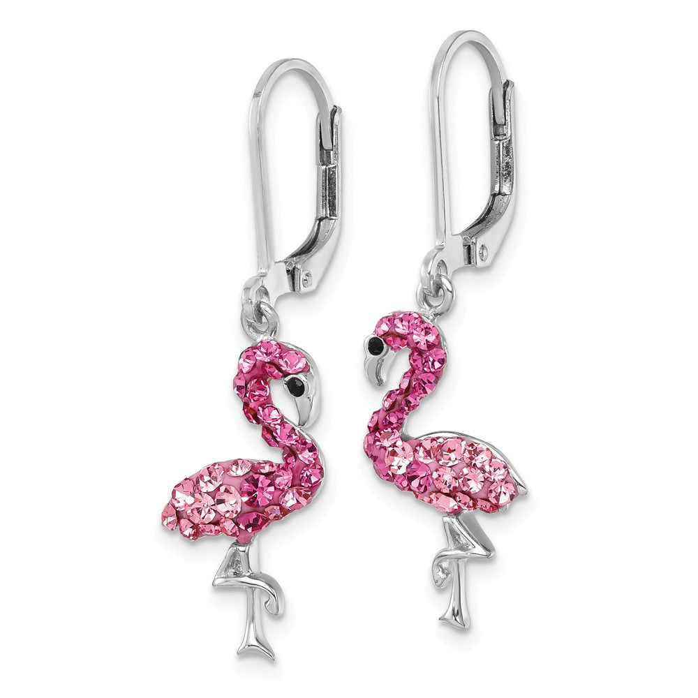 Sterling Silver Rhodium-Plated Pink Crystal Flamingo Leverback Earrings