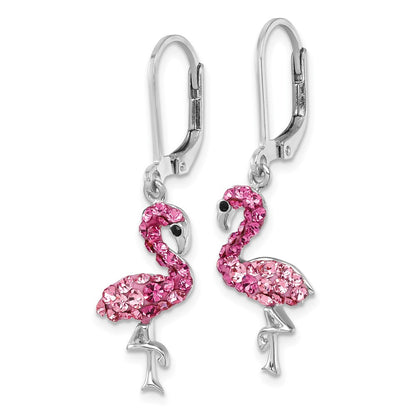 Sterling Silver Rhodium-Plated Pink Crystal Flamingo Leverback Earrings