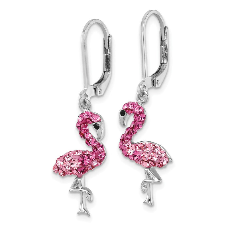Sterling Silver Rhodium-Plated Pink Crystal Flamingo Leverback Earrings