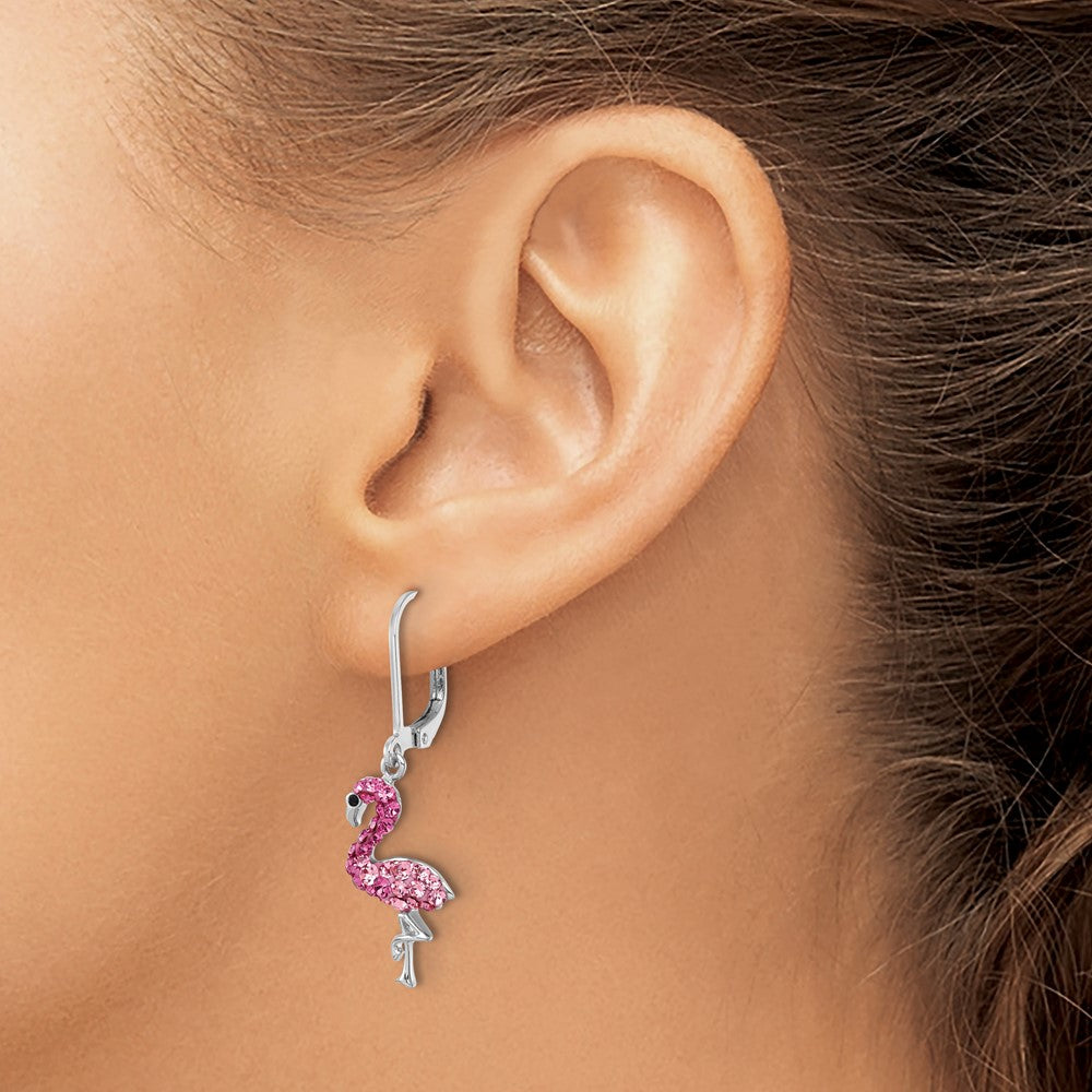 Sterling Silver Rhodium-Plated Pink Crystal Flamingo Leverback Earrings