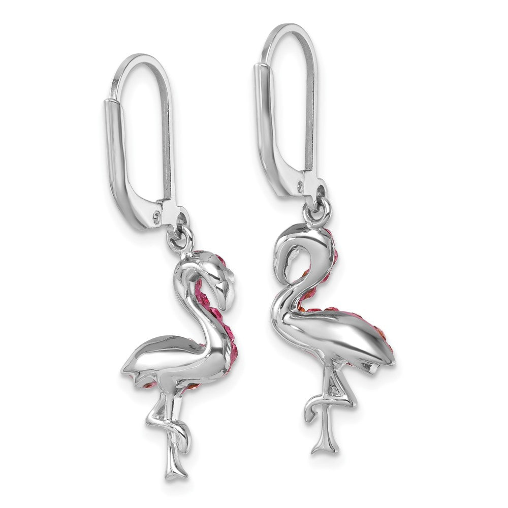 Sterling Silver Rhodium-Plated Pink Crystal Flamingo Leverback Earrings