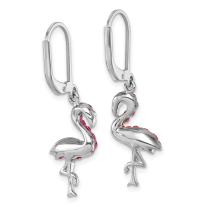 Sterling Silver Rhodium-Plated Pink Crystal Flamingo Leverback Earrings