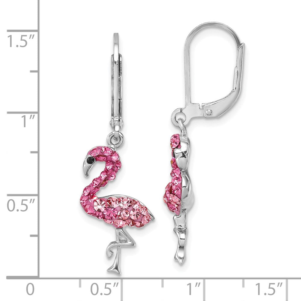 Sterling Silver Rhodium-Plated Pink Crystal Flamingo Leverback Earrings