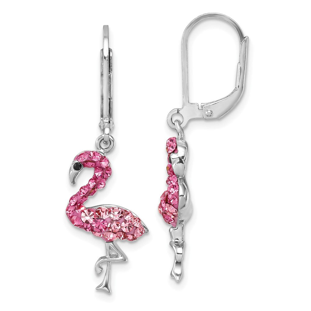 Sterling Silver Rhodium-Plated Pink Crystal Flamingo Leverback Earrings