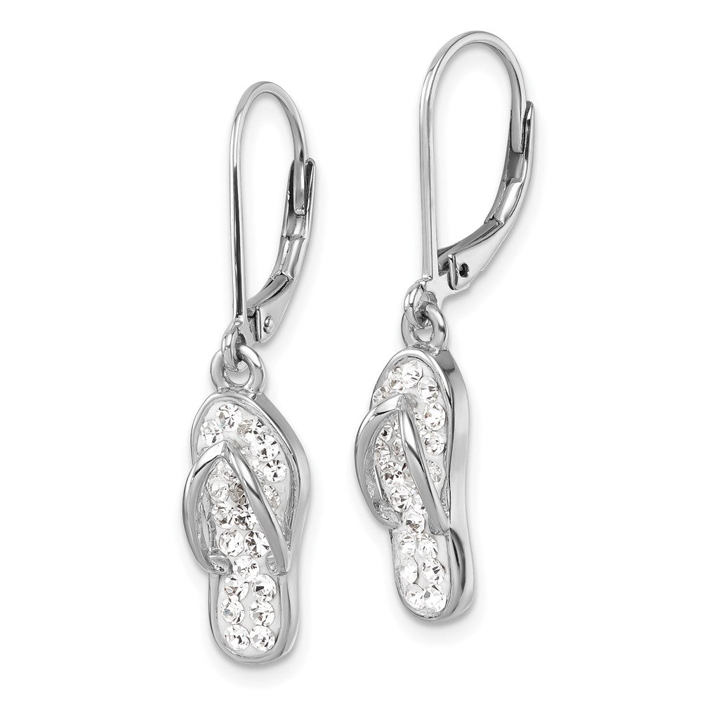 Sterling Silver Rhodium Plated Polished White Crystal Flip Flop Dangle Earrings