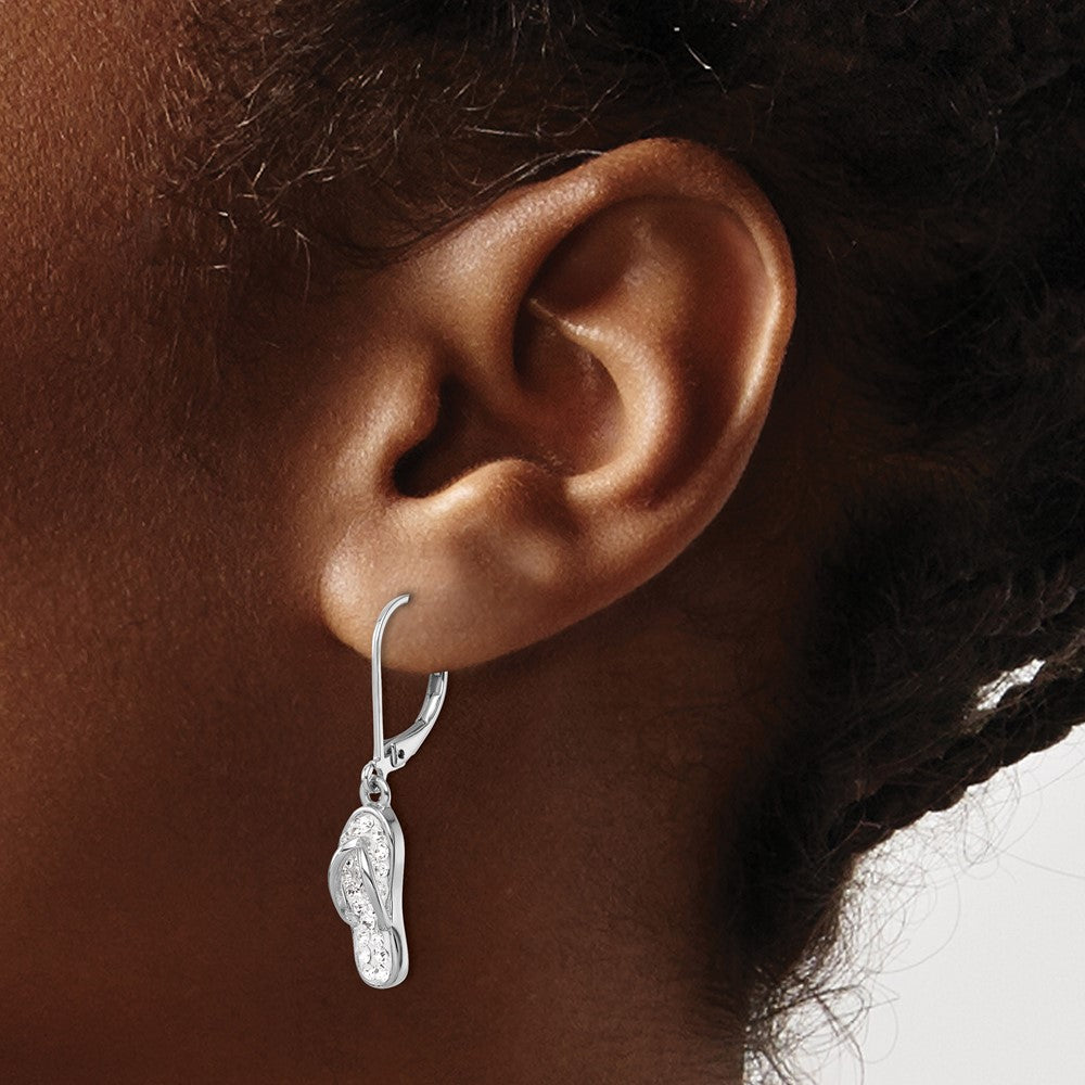Sterling Silver Rhodium Plated Polished White Crystal Flip Flop Dangle Earrings