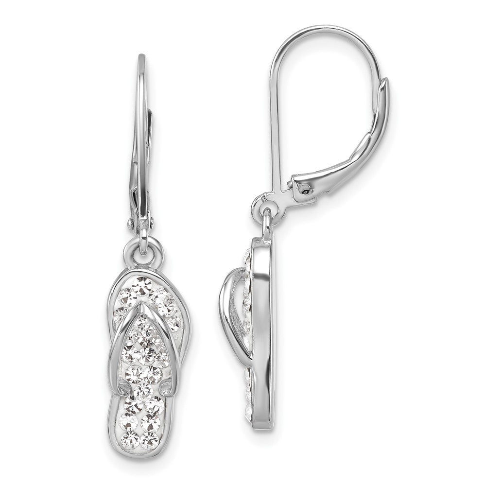 Sterling Silver Rhodium Plated Polished White Crystal Flip Flop Dangle Earrings