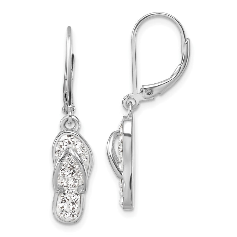 Sterling Silver Rhodium Plated Polished White Crystal Flip Flop Dangle Earrings