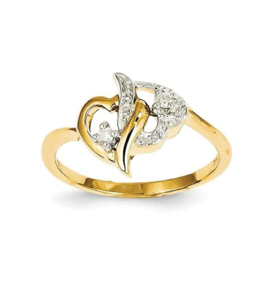 14k Yellow Gold Polished Double Heart Real Diamond Ring - Megan Jackson Custom Order