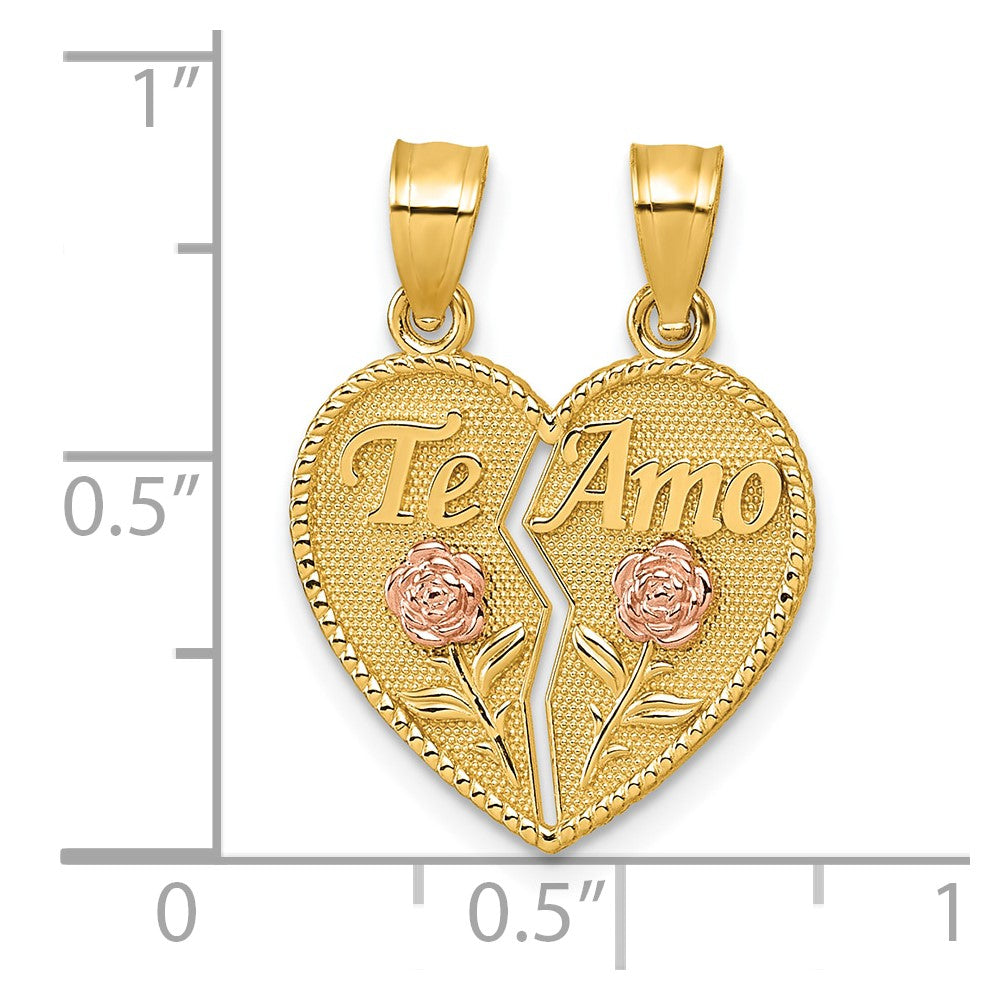 14K Two-Tone Break Apart Heart with Te Amo and Roses Pendant