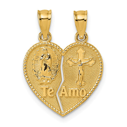 14K Yellow Gold Polished Te Amo Spanish Religious Break-Apart Heart Pendant