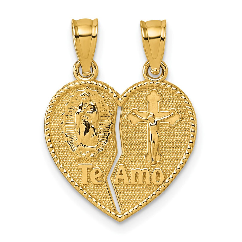14K Yellow Gold Polished Te Amo Spanish Religious Break-Apart Heart Pendant