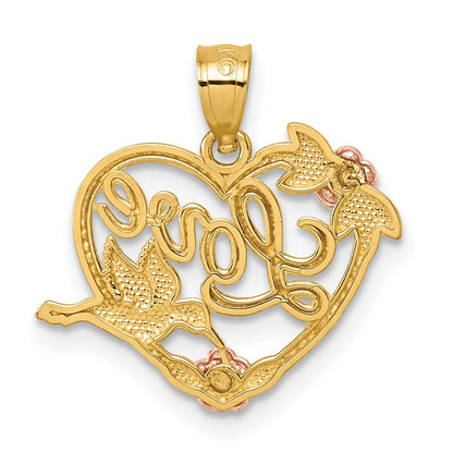 14K Two-Tone & White Rhodium Polish Love Floral and Bird Heart Pendant