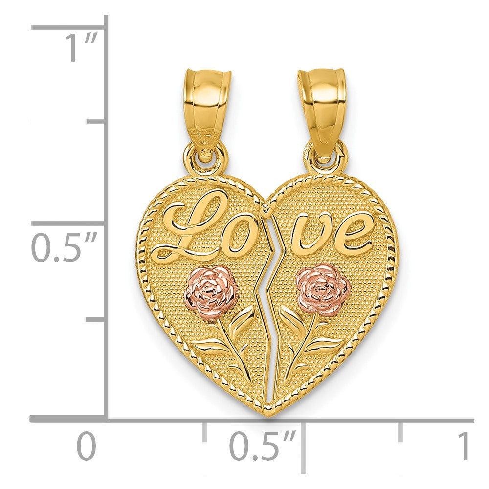 14K Two-Tone Break Apart Heart with Love and Roses Pendant