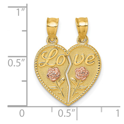 14K Two-Tone Break Apart Heart with Love and Roses Pendant