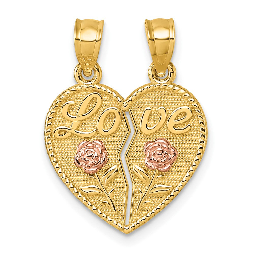14K Two-Tone Break Apart Heart with Love and Roses Pendant