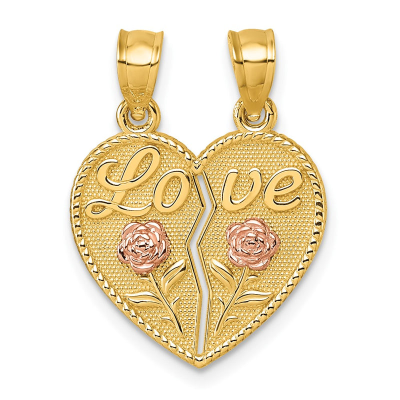 14K Two-Tone Break Apart Heart with Love and Roses Pendant