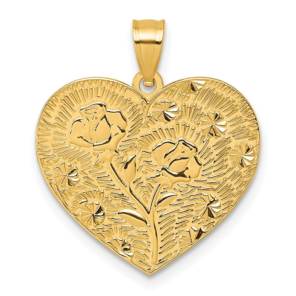 14K Yellow Gold Polished and Textured Flower Rose Mother's Love Heart Pendant