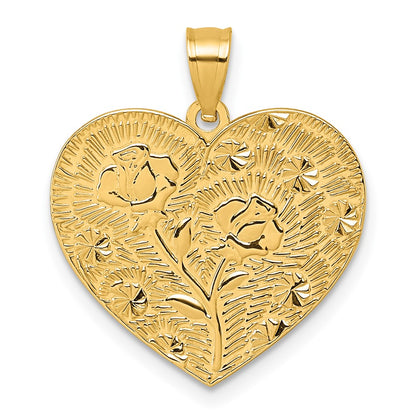 14K Yellow Gold Polished and Textured Flower Rose Mother's Love Heart Pendant