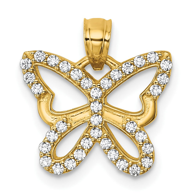 14K Yellow Gold Polished CZ Open Wing Butterfly Pendant