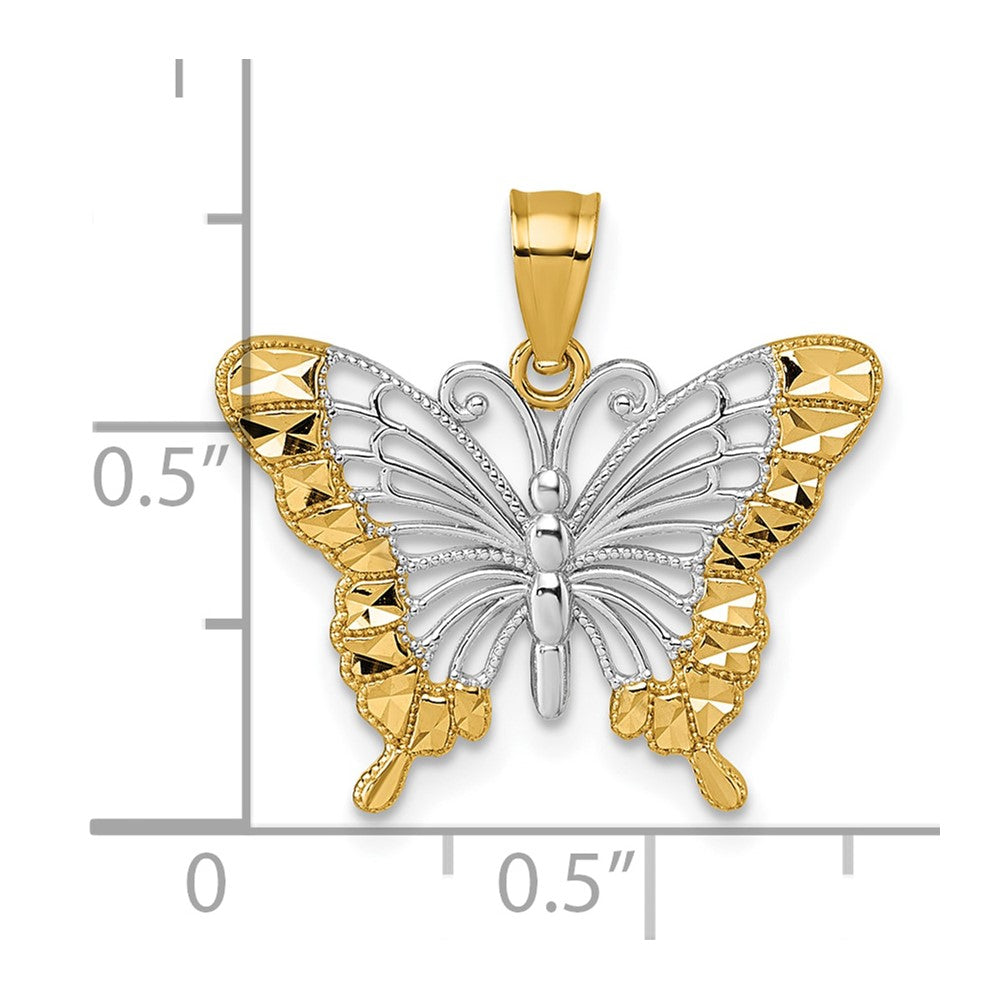 14K Yellow & Rhodium & Rhodium Diamond Cut Polished Butterfly Pendant
