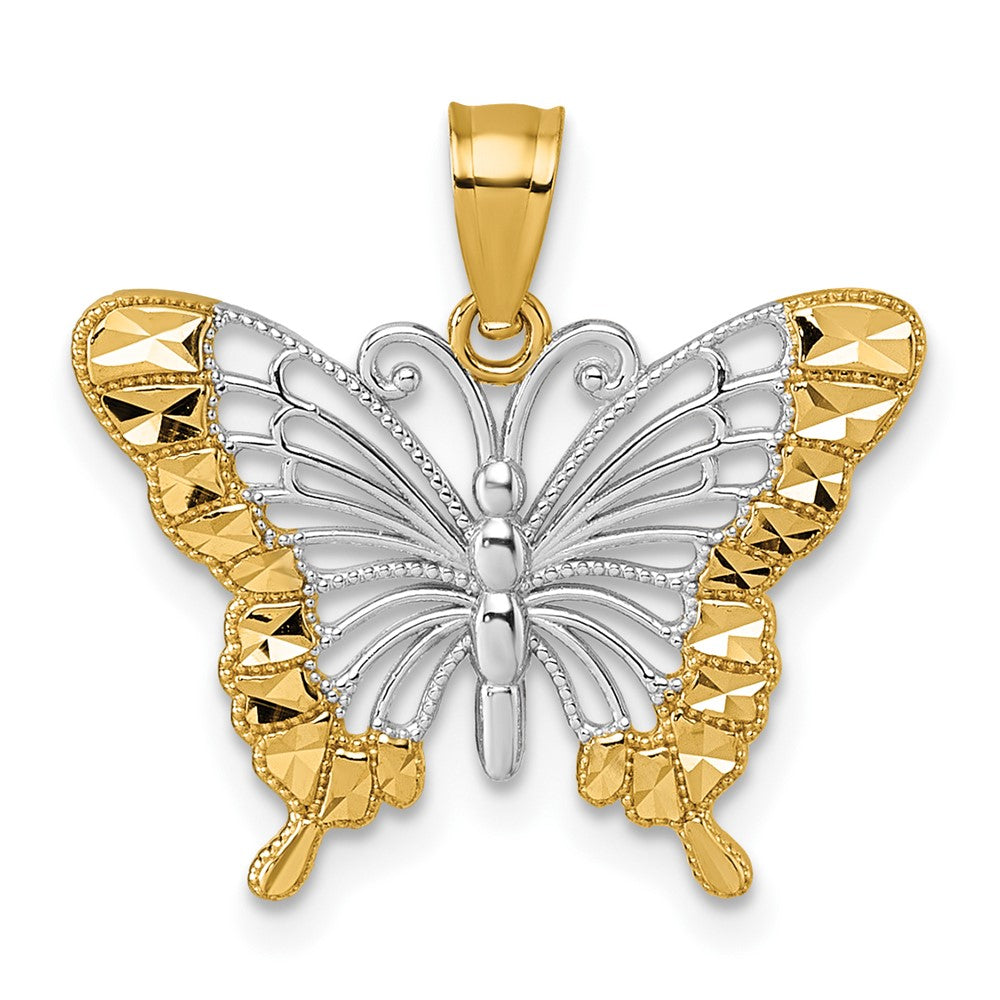 14K Yellow & Rhodium & Rhodium Diamond Cut Polished Butterfly Pendant