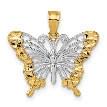 14K Yellow & Rhodium & Rhodium Diamond Cut Polished Butterfly Pendant
