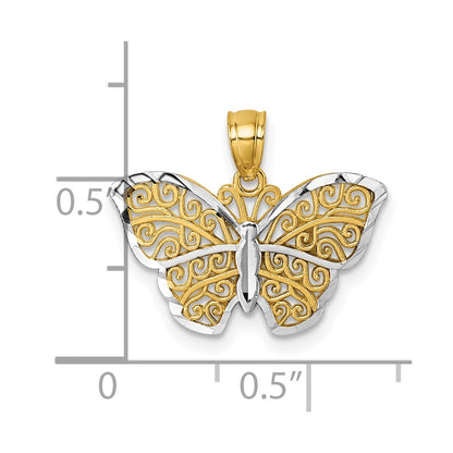 14K Yellow & Rhodium Polished W/rhodium Diamond-Cut Filigree Butterfly Pendant