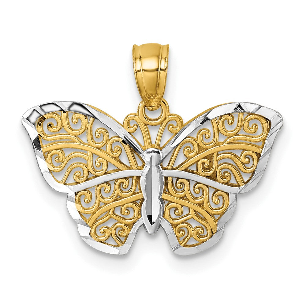 14K Yellow & Rhodium Polished W/rhodium Diamond-Cut Filigree Butterfly Pendant