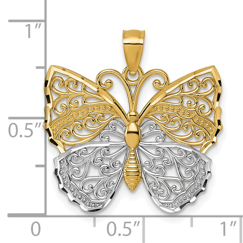 14K Yellow & Rhodium & Rhodium Textured Fancy Butterfly Pendant