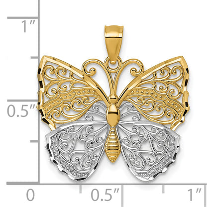 14K Yellow & Rhodium & Rhodium Textured Fancy Butterfly Pendant