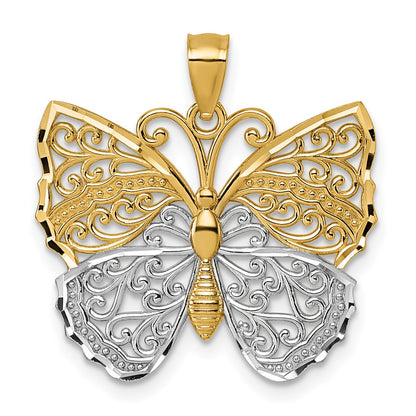 14K Yellow & Rhodium & Rhodium Textured Fancy Butterfly Pendant