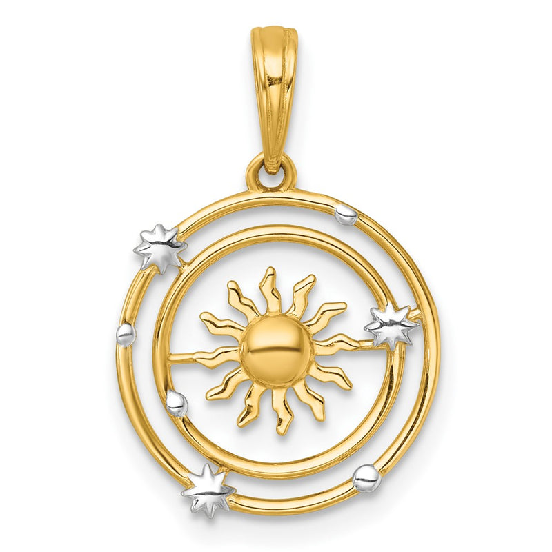 14K Yellow & Rhodium with White Rhodium Polished Sun with Solar System Orbit Charm