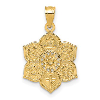14K Yellow Gold Polished and Textured Multi-Faith Symbol Flower Pendant