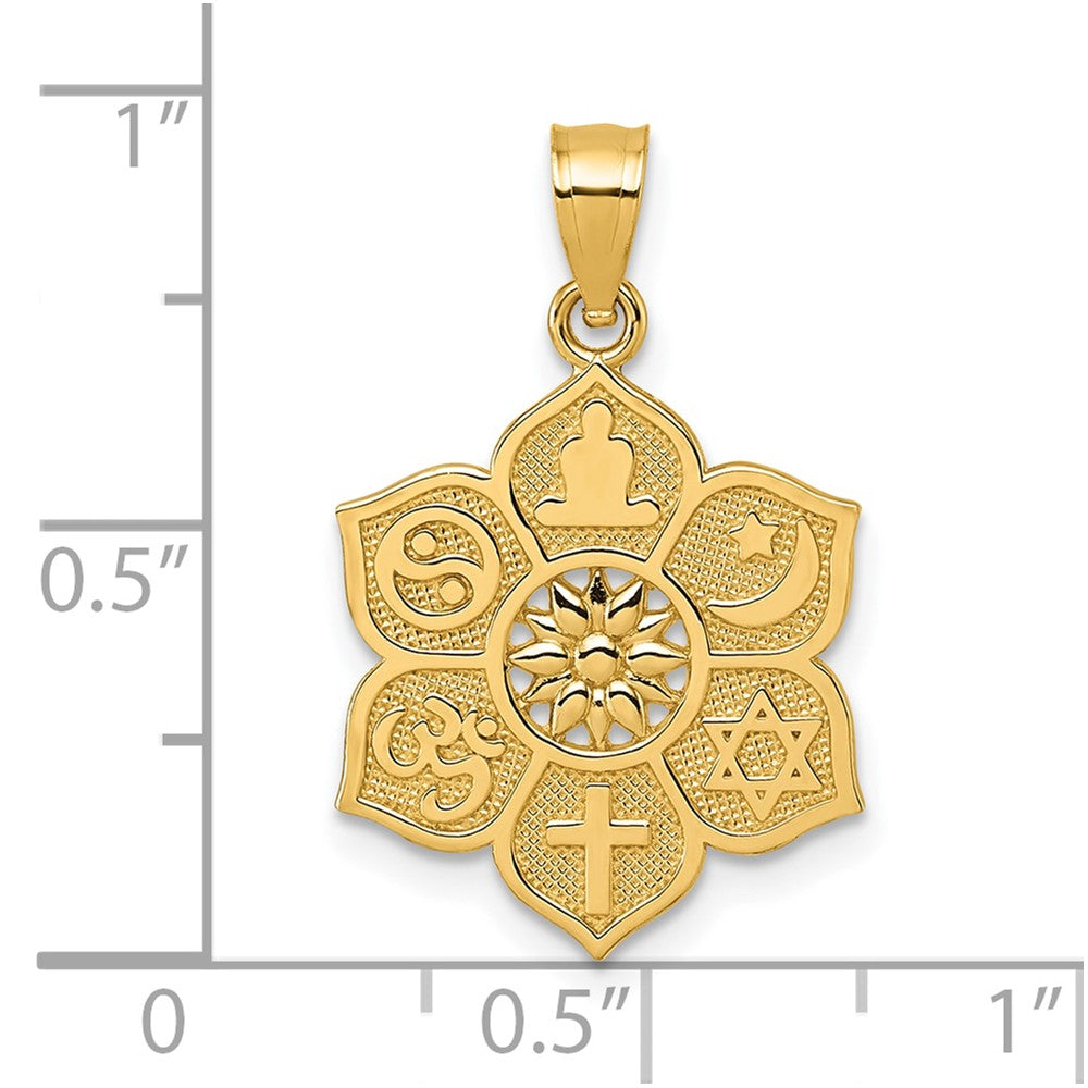 14K Yellow Gold Polished and Textured Multi-Faith Symbol Flower Pendant