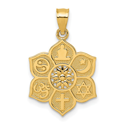 14K Yellow Gold Polished and Textured Multi-Faith Symbol Flower Pendant