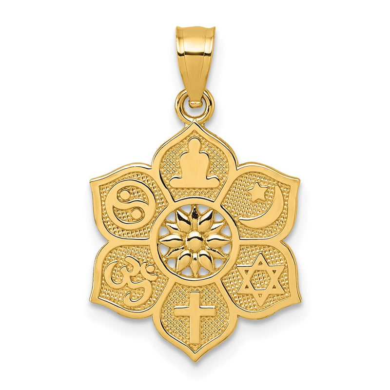 14K Yellow Gold Polished and Textured Multi-Faith Symbol Flower Pendant