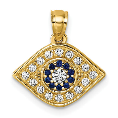 14K Yellow Gold Polished Lab Created Blue Spinel and CZ Evil Eye Pendant