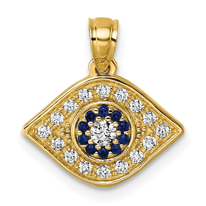 14K Yellow Gold Polished Lab Created Blue Spinel and CZ Evil Eye Pendant