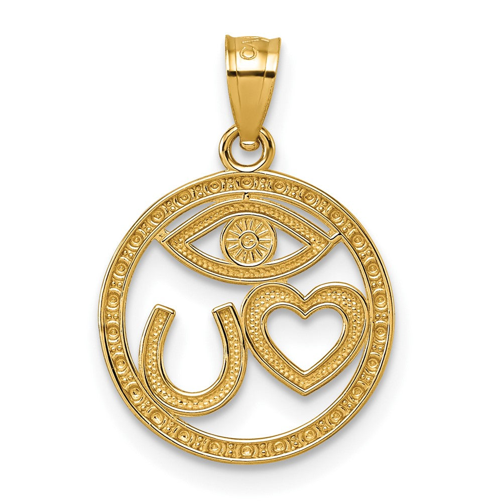 14K Yellow Gold Polished Heart Evil Eye and Horse Shoe in Circle Pendant