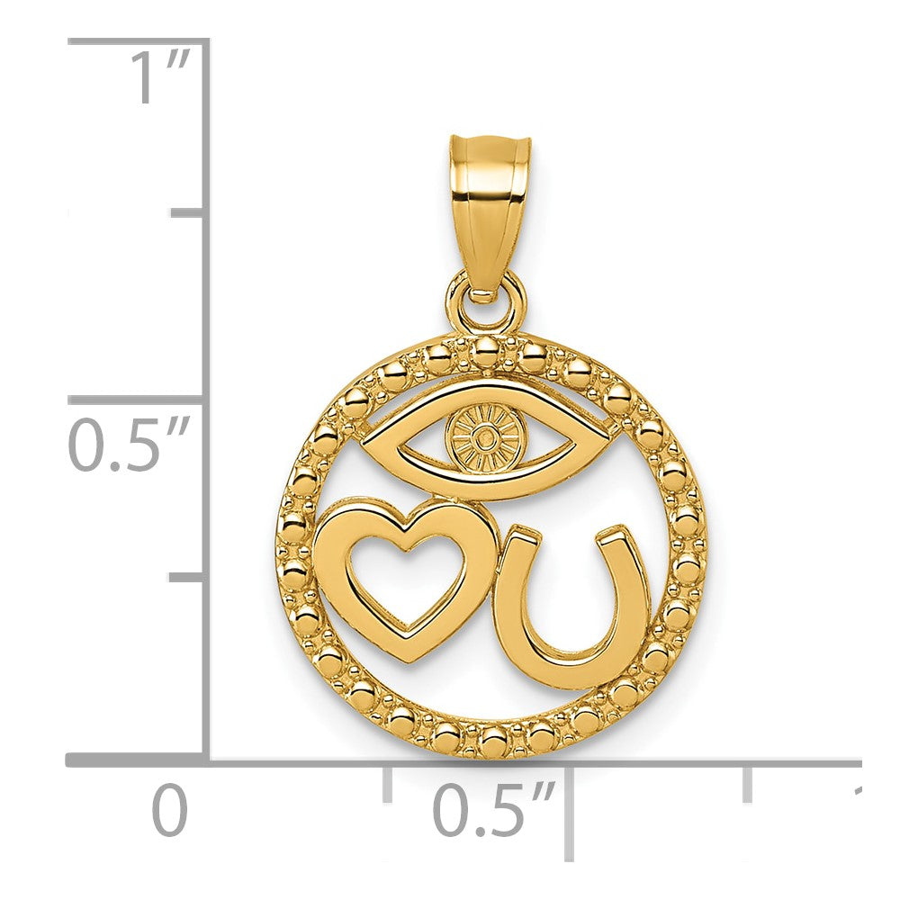 14K Yellow Gold Polished Heart Evil Eye and Horse Shoe in Circle Pendant