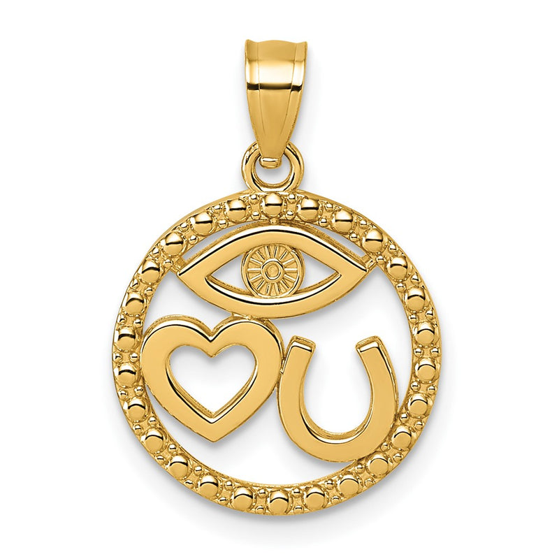 14K Yellow Gold Polished Heart Evil Eye and Horse Shoe in Circle Pendant