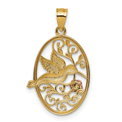 14K Two-Tone W/white Rhodium Polished Humming Bird & Flower Pendant