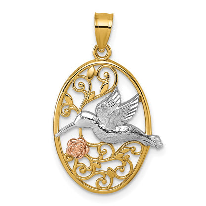 14K Two-Tone W/white Rhodium Polished Humming Bird & Flower Pendant
