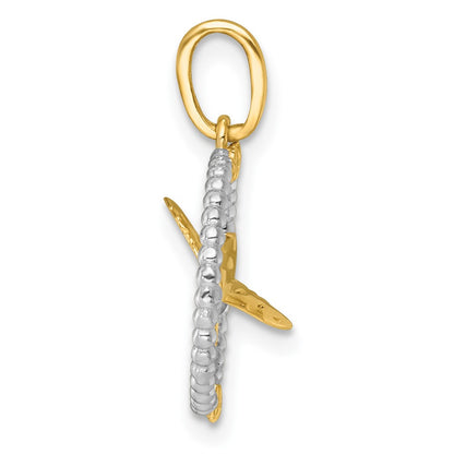 14K Yellow & Rhodium with White Rhodium Polished Flying Bird in Circle with Stars Charm