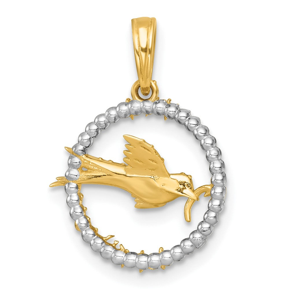 14K Yellow & Rhodium with White Rhodium Polished Flying Bird in Circle with Stars Charm