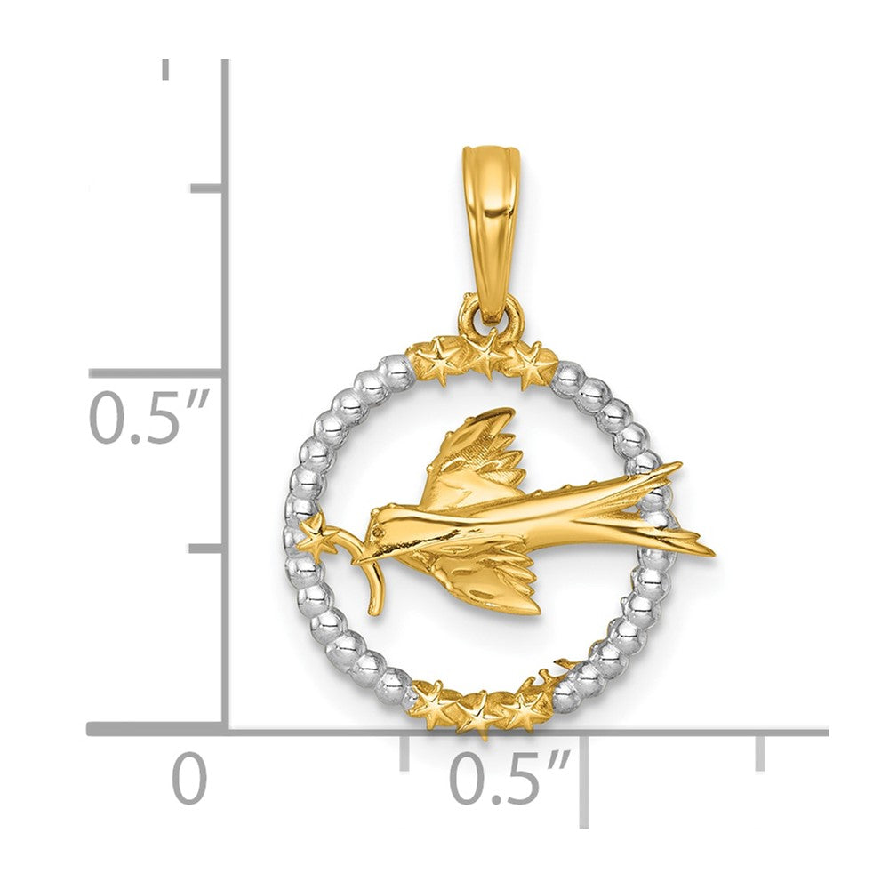 14K Yellow & Rhodium with White Rhodium Polished Flying Bird in Circle with Stars Charm